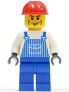 LEGO Minifigure-Overalls Striped Blue with Pocket, Blue Legs, Red Construction Helmet, Cheek Lines, Dark Bluish Gray Hands (7990)-Town / City-OVR031-Creative Brick Builders
